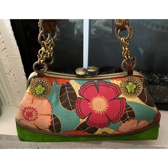 Vtg Mary Frances Handcrafted Embellished Satchel Purse With Faux Gemstones & Flo - Picture 4 of 16